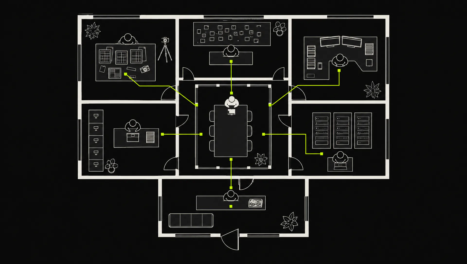 Illustrated top-down floor plan of an office: six rooms, each with a simple figure at their desk, linked by yellow lines to the central table where a person approves.